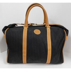 Fendi Italy Vintage Black Striped Canvas Leather Duffle Carry-on Tote‎ Bag